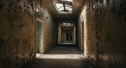 Long decaying hallway with peeling paint and skylights in an abandoned building