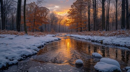 Snowy river cuts through autumn forest. Sunset reflects in water. Serene, cold atmosphere