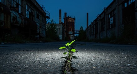 Resilient Green Plant Growing Through Cracked Asphalt in Abandoned Industrial Setting at Night