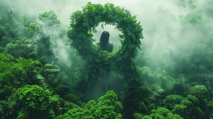 Woman seen through green ribbon in lush jungle, misty backdrop