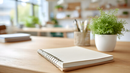 a close-up of a notebook, a pen holder, and a plant. It's a clean and serene office scene with wooden furniture and natural light