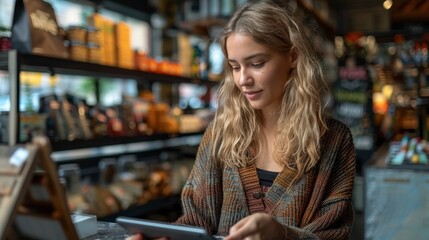 Woman in a shop looks at a tablet, shelves of product behind her