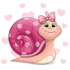 Cute Cartoon Snail with pink hair bow. Vector Illustration with animal on white background with pink hearts.