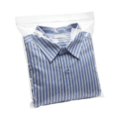 A neatly folded blue and white striped dress shirt sealed inside a clear plastic packaging bag isolated on transparent background