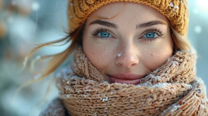 Smiling woman in winter gear, snow on face, bright blue eyes, warm tones