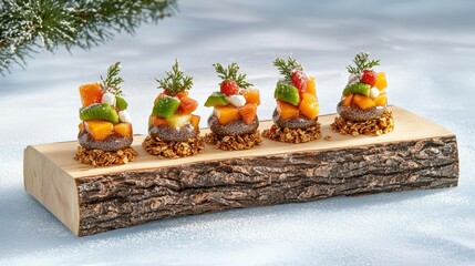 Culinary Artistry: An overhead perspective on a wooden board adorned with an array of meticulously crafted, miniature gourmet creations, a testament to culinary skill and presentation.
