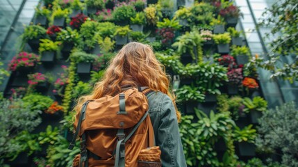 Woman looks up at a lush, vertical garden wall in a city, carrying a backpack