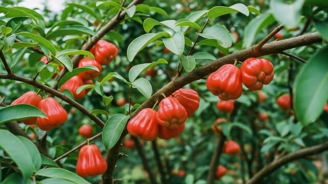 Wax Apples Hanging in Clusters on Tree &ndash; Tropical Summer Fruit Ready to Harvest
