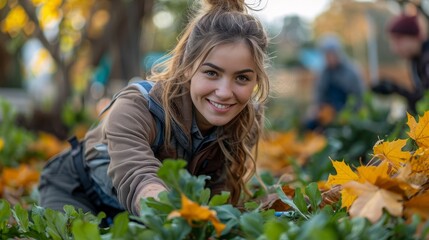 Smiling woman gardening in fall foliage, others blur in background