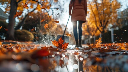 Raking leaves on a sunny autumn day, leaves in mid-air. Water reflection. Trees in background. Back of a person
