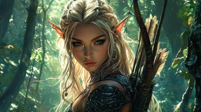 Enchanting female elf warrior in a mythical forest.