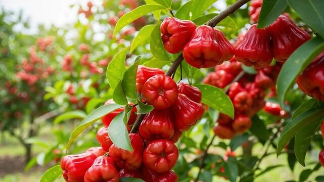 Wax Apples Hanging in Clusters on Tree &ndash; Tropical Summer Fruit Ready to Harvest