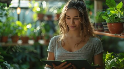 Smiling woman reads a book amidst lush indoor plants in bright sunlight