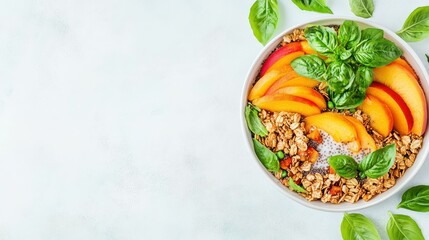 Fresh Breakfast Delight: An eye-level shot showcases a vibrant, nutritious breakfast bowl, beautifully composed with ripe peaches, crisp granola, and fresh basil. It is perfect start for healthy day.