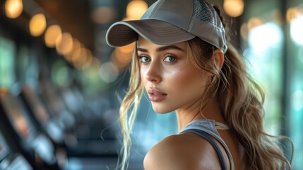 Woman with hat, looking over shoulder in a gym setting