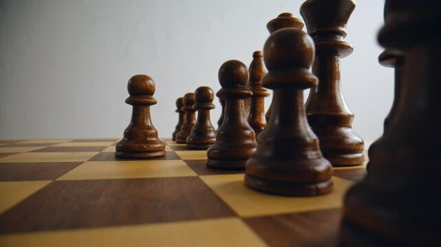 Experienced player moving piece at chessboard closeup. Person enjoying match