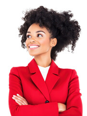 Confident Professional: A young, elegant woman, radiating poise and intelligence, gazes upwards with a subtle smile. She's smartly dressed in a vibrant red jacket and has crossed arms.