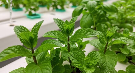 Fresh Green Mint Leaves Growing in Hydroponic System with Lush Vegetation in Background