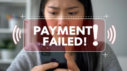 Worried Asian Woman Experiencing Payment Failure with Smartphone in a Bright Room With Red Alert Graphic Displaying Payment Failed Message - Powered by Adobe