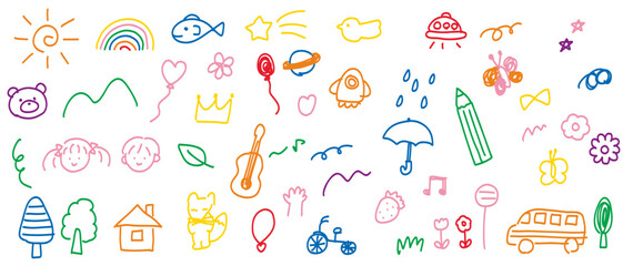 カラフルで可愛い手書きの落書き風素材セット　天気やお花・動物・子供の顔・木などの素材セット