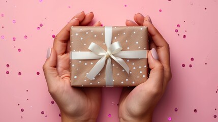 Gift held with manicured hands, brown paper & bow