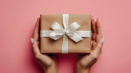 Hands present wrapped gift box. White ribbon on brown paper against a solid pink background