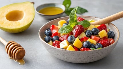 A Refreshing Fruit Salad: A vibrant composition of fresh fruits and herbs, artfully arranged to create a mouthwatering and healthy salad. This image captures the essence of a light, delicious.