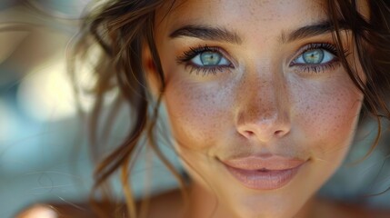 Close-up portrait of a young woman with freckles and mesmerizing blue eyes, and windswept brown hair