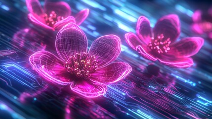 An illustration showcasing the beauty of neon petals in a cybernetic world.