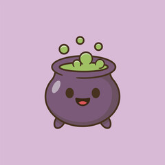 Purple Halloween cauldron with bubbling green potion vector cartoon illustration