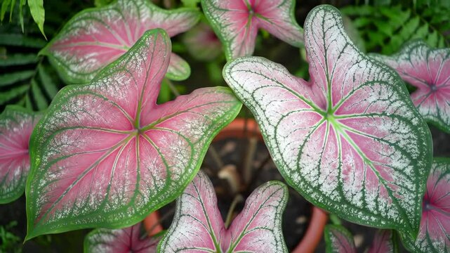 Vibrant pink and white Caladium leaves