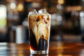 Chilled Iced Coffee with Velvety Foam in a Glass . Fruits Background