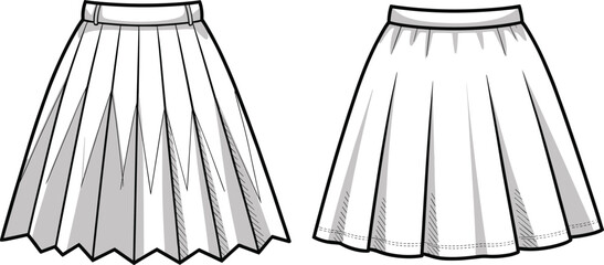 flat cad drawing vector illustration of pleated and flared skirts, front view, fashion technical sketch, isolated white background