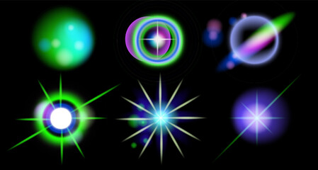 Vector illustration in futuristic neon style with glowing light effects. Features blue, green, purple, and pink hues, creating starbursts, orbs, and cosmic shapes against a black background.