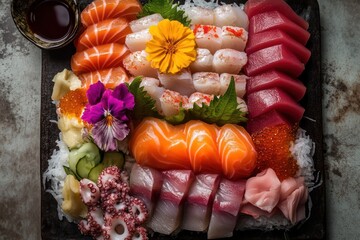 Sushi Sashimi Platter with Fresh Salmon and Garnishes . Fruits Background