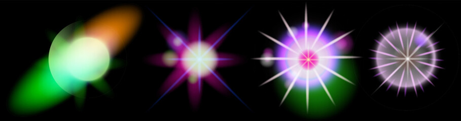 Vector illustration in futuristic neon style with glowing light effects. Features blue, green, purple, and pink hues, creating starbursts, orbs, and cosmic shapes against a black background.