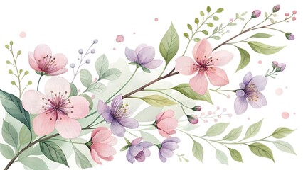 Pink Spring Blossoms Background. Hand Painted Layered Watercolor Flowers Clip Art