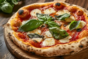 Pizza with a Golden Crispy Crust and Melted Cheese . Fruits Background