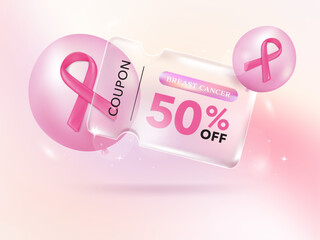 Transparency glassmorphism gift voucher coupon for Breast cancer awareness campaign with pink ribbon balloon on gradient background. Discount offer tag with shiny, glossy, reflective surface.
