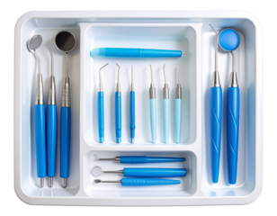Modern Dental Cleaning Kit in Blue and White Holder Tray, Top-Down View, Isolated on Transparent Background”