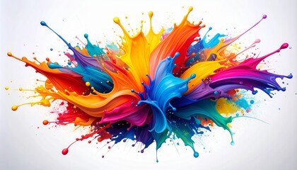 Vibrant explosion of colorful paint splashes radiating outwards on a white background.