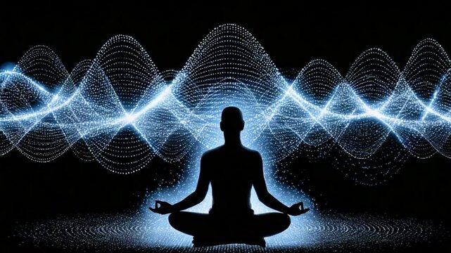 Yoga and meditation silhouette with energy waves, a journey of inner peace and strength