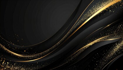 Abstract black and gold flowing lines with sparkling glitter accents.