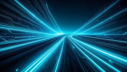 Abstract digital road with glowing turquoise lines, futuristic and fast.