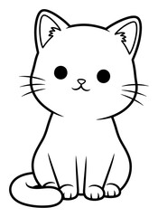 Cartoon Illustration of a Sitting Cat with a Smiling Face, Outlined in Black on White