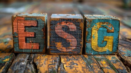 Rustic blocks spell ESG on distressed wood