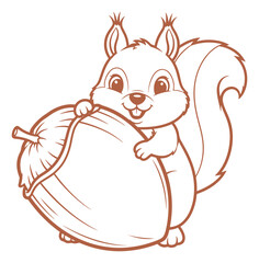 Cartoon Line Art of a Happy Squirrel Hugging a Large Acorn