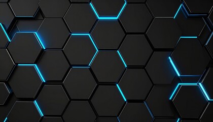Abstract geometric pattern of dark hexagonal tiles with glowing blue lines.