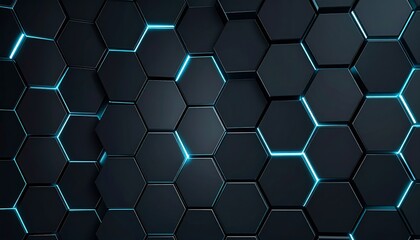 Abstract geometric pattern of dark hexagonal tiles with glowing blue lines.