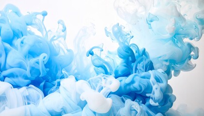 Abstract composition of swirling blue and white liquid against a white background.